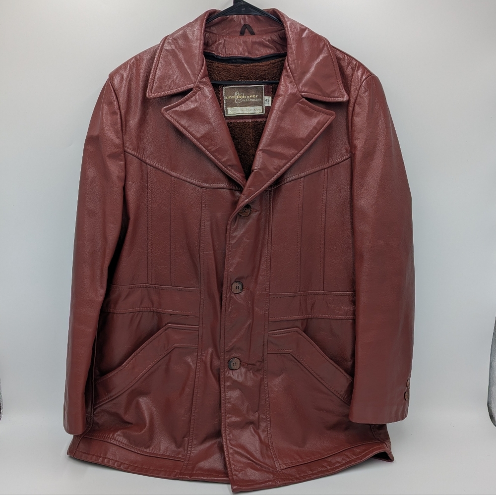 Vintage Sears Leather Shop Men's Leather Jacket Coat 42M Brown Fur Lined Sleek